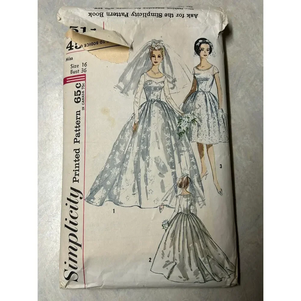 Vintage 1962 Simplicity‎ Pattern #4511 Short or Long Wedding Gown Size 16